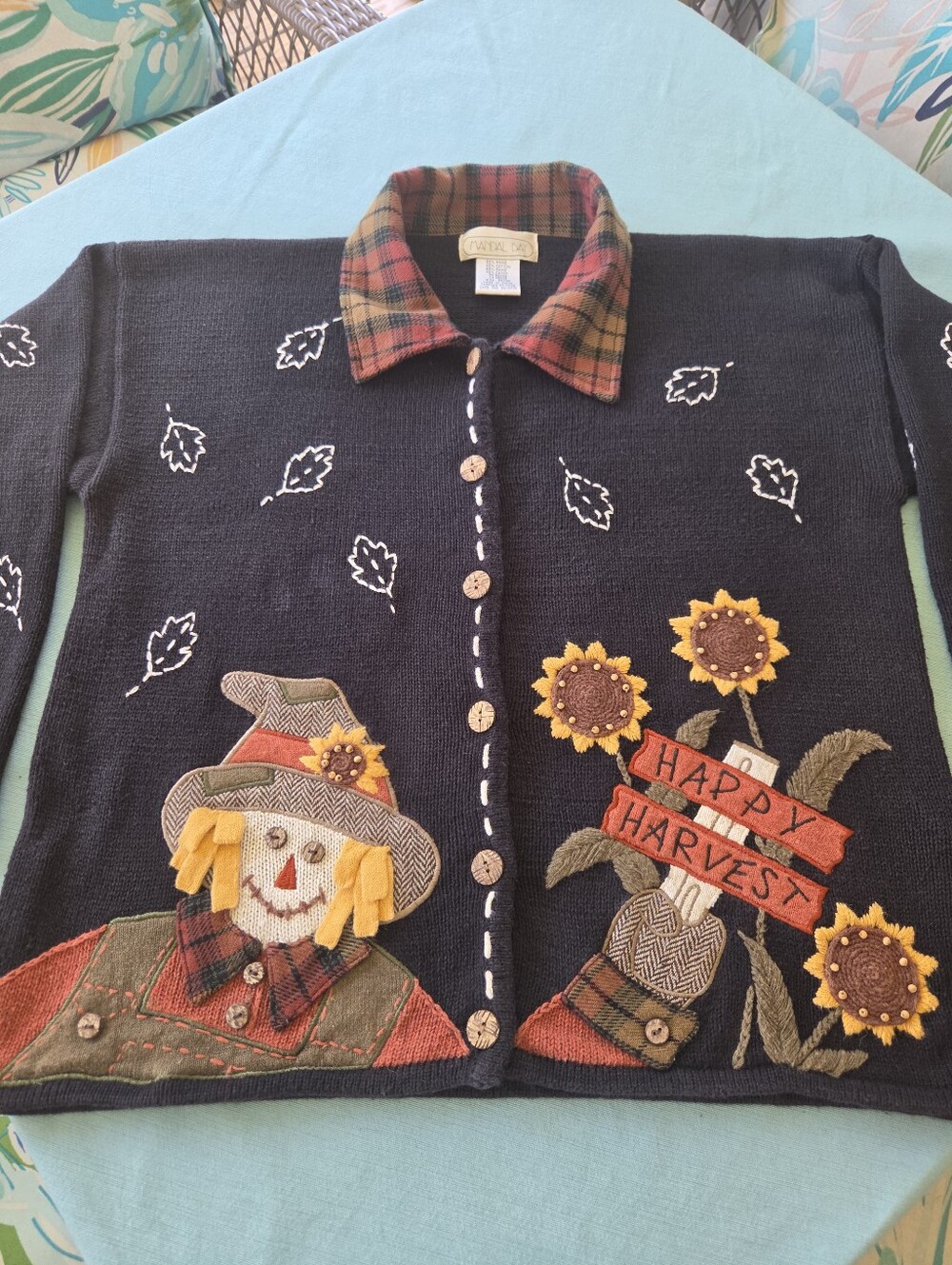 Mandal Bay Black "Happy Harvest" Embroidered Scarecrow Button-Front Sweater. SzM